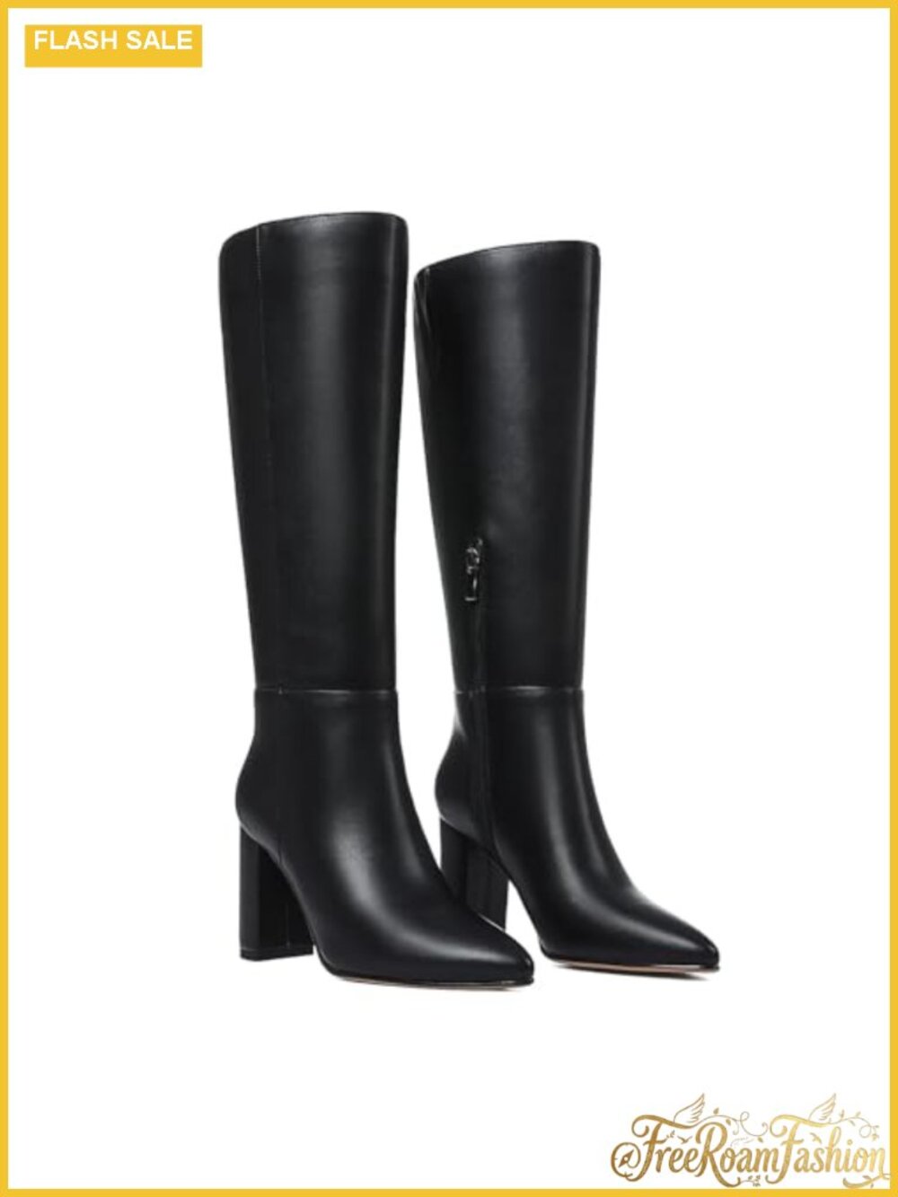 Knee High Pointed Toe Chunky Heel Boots Women Side Zip PU Leather
